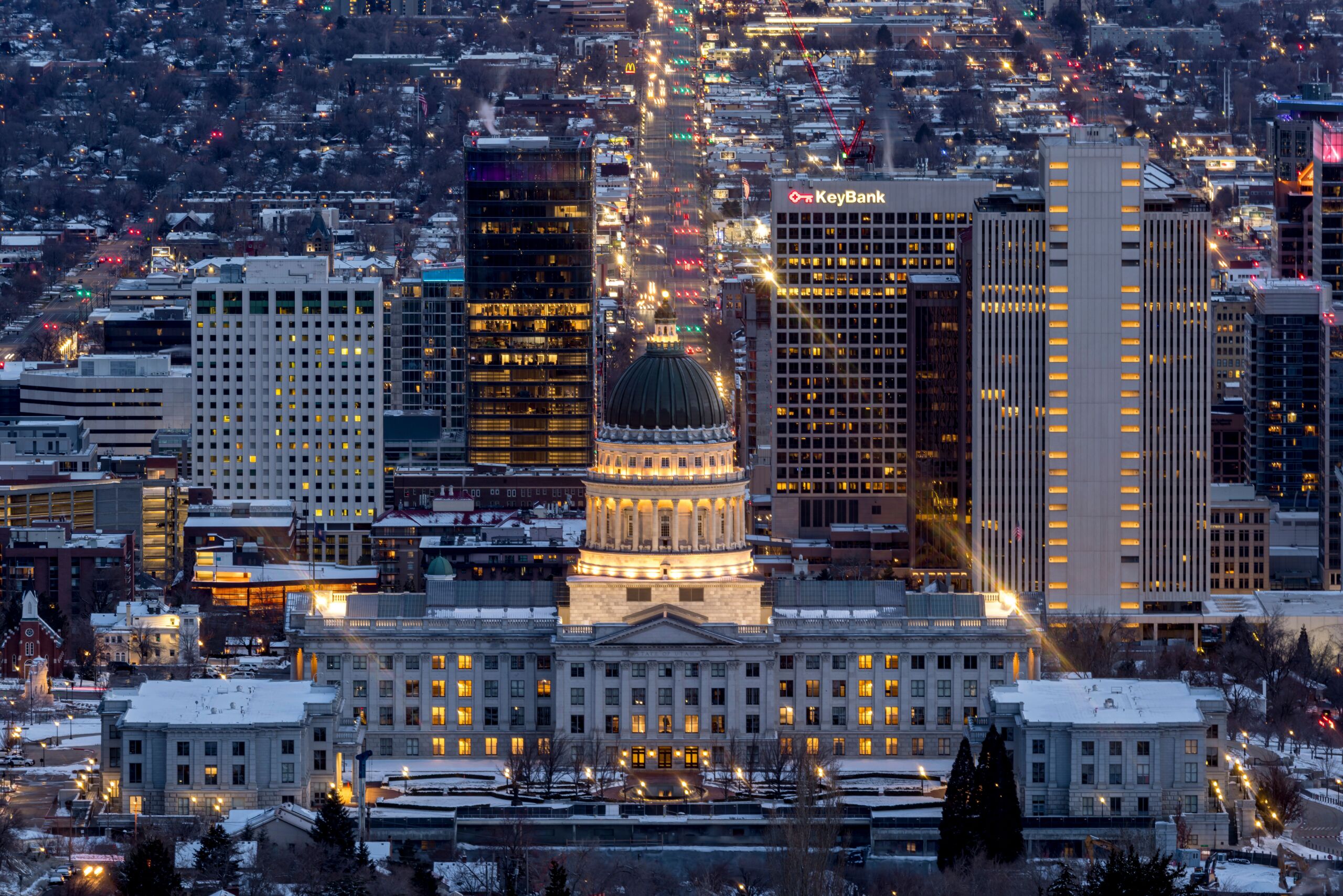 illuminated downtown in the evening